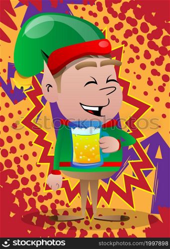 Christmas Elf drinking beer. Vector cartoon character illustration of Santa Claus's little worker, helper.
