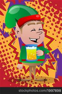 Christmas Elf drinking beer. Vector cartoon character illustration of Santa Claus's little worker, helper.