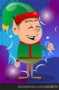 Christmas Elf drinking brandy. Vector cartoon character illustration of Santa Claus's little worker, helper.