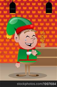 Christmas Elf drinking coffee. Vector cartoon character illustration of Santa Claus's little worker, helper.