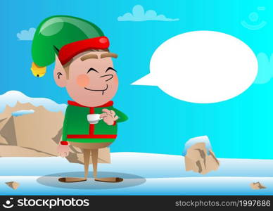 Christmas Elf drinking coffee. Vector cartoon character illustration of Santa Claus's little worker, helper.