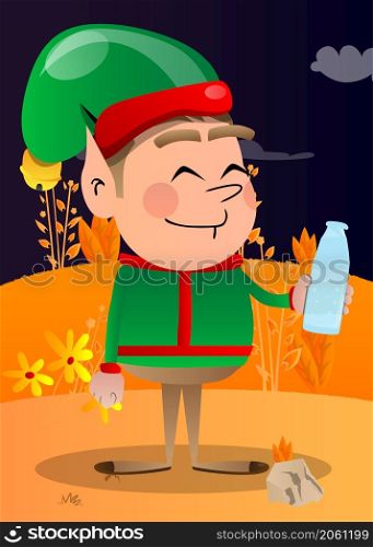 Christmas Elf drinking water from a glass bottle. Vector cartoon character illustration of Santa Claus's little worker, helper.