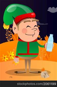 Christmas Elf drinking water from a glass bottle. Vector cartoon character illustration of Santa Claus's little worker, helper.