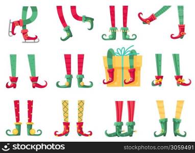 Christmas elf feet. Santa claus helpers, cute elves legs in boots and striped socks. Dwarf leg and gifts, xmas present and postcards cartoon vector isolated set. Christmas elf feet. Santa claus helpers, cute elves legs in boots and striped socks. Dwarf leg and gifts, xmas present cartoon vector set