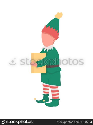 Christmas elf flat color vector faceless character. Boy in festive costume. Kid with present. Santa Claus workshop isolated cartoon illustration for web graphic design and animation. Christmas elf flat color vector faceless character