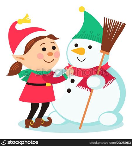 Christmas elf girl making snowman. Smiling winter friends. Cute cartoon characters isolated on white background. Christmas elf girl making snowman. Cute cartoon characters