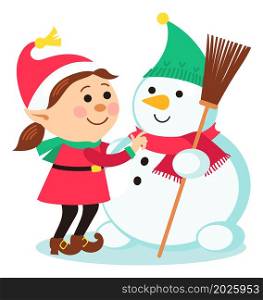 Christmas elf girl making snowman. Smiling winter friends. Cute cartoon characters isolated on white background. Christmas elf girl making snowman. Cute cartoon characters