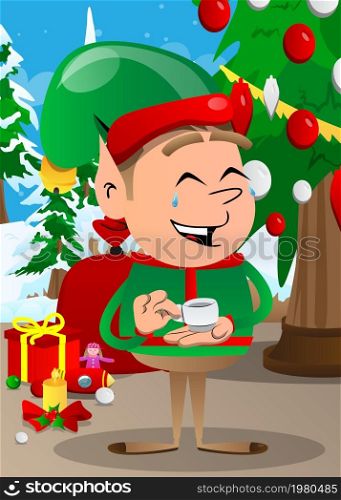 Christmas Elf holding a cup of coffee. Vector cartoon character illustration of Santa Claus's little worker, helper.
