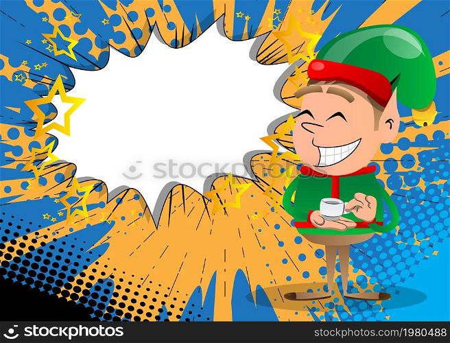 Christmas Elf holding a cup of coffee. Vector cartoon character illustration of Santa Claus's little worker, helper.