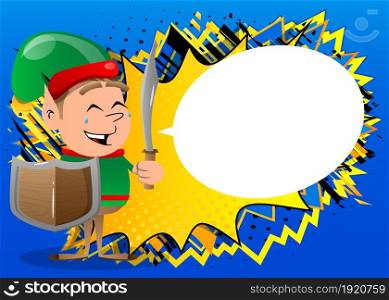 Christmas Elf holding a sword and shield. Vector cartoon character illustration of Santa Claus's little worker, helper.