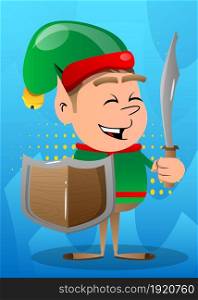 Christmas Elf holding a sword and shield. Vector cartoon character illustration of Santa Claus's little worker, helper.
