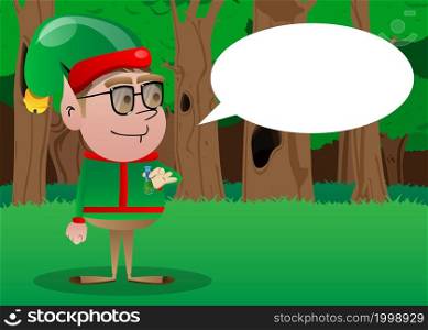 Christmas Elf holding a test tube. Vector cartoon character illustration of Santa Claus's little worker, helper.
