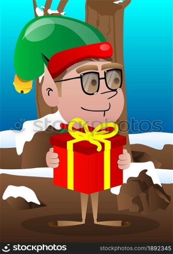 Christmas Elf holding big gift box. Vector cartoon character illustration of Santa Claus's little worker, helper.
