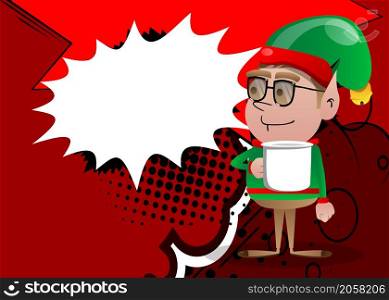 Christmas Elf holding big mug. Vector cartoon character illustration of Santa Claus's little worker, helper.