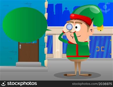 Christmas Elf holding binoculars in his hands. Vector cartoon character illustration of Santa Claus's little worker, helper.