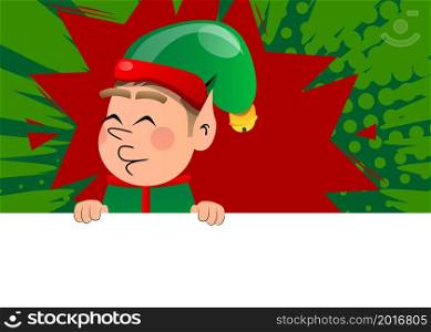 Christmas Elf holding blank empty sign. Vector cartoon character illustration of Santa Claus's little worker, helper.