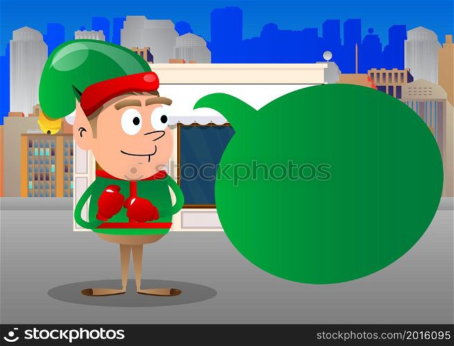 Christmas Elf holding his fists in front of him ready to fight wearing boxing gloves. Vector cartoon character illustration of Santa Claus's little worker, helper.