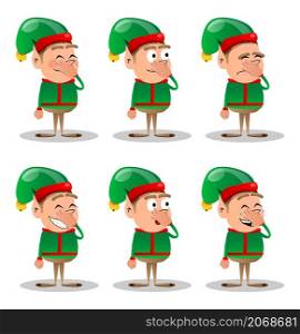 Christmas Elf holding his nose because of a bad smell. Vector cartoon character illustration of Santa Claus's little worker, helper.