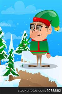 Christmas Elf holding his nose because of a bad smell. Vector cartoon character illustration of Santa Claus's little worker, helper.