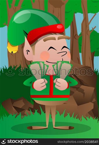 Christmas Elf holding or showing money bills. Vector cartoon character illustration of Santa Claus's little worker, helper.