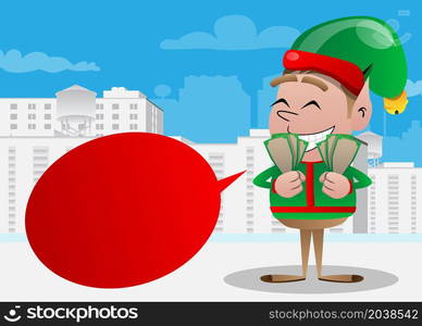 Christmas Elf holding or showing money bills. Vector cartoon character illustration of Santa Claus's little worker, helper.