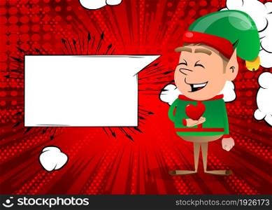 Christmas Elf holding red heart in his hand. Vector cartoon character illustration of Santa Claus's little worker, helper.