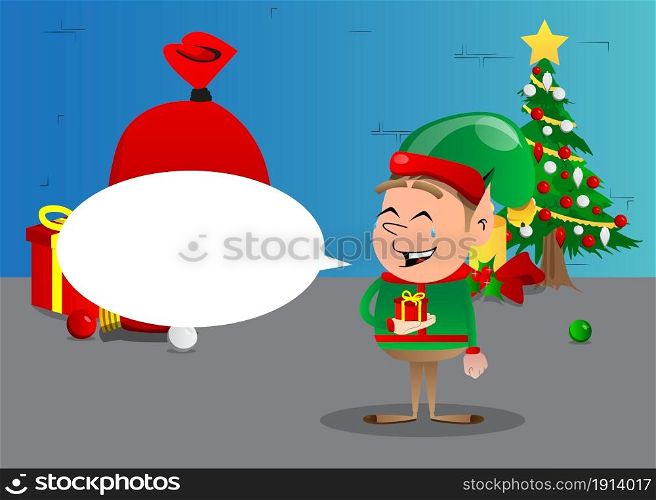 Christmas Elf holding small gift box. Vector cartoon character illustration of Santa Claus's little worker, helper.
