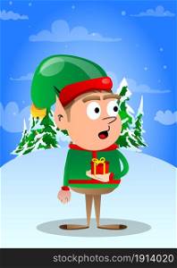 Christmas Elf holding small gift box. Vector cartoon character illustration of Santa Claus's little worker, helper.