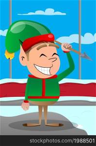 Christmas Elf holding spear in his hand. Vector cartoon character illustration of Santa Claus's little worker, helper.