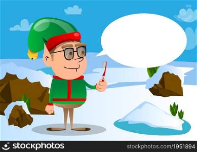 Christmas Elf holding toothbrush. Vector cartoon character illustration of Santa Claus's little worker, helper.