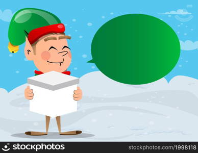 Christmas Elf holding white box. Vector cartoon character illustration of Santa Claus's little worker, helper.