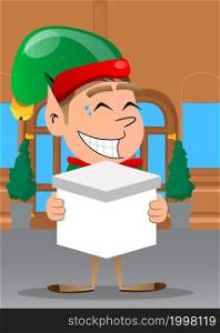 Christmas Elf holding white box. Vector cartoon character illustration of Santa Claus's little worker, helper.