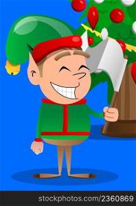 Christmas Elf holds white flag of surrender. Vector cartoon character illustration of Santa Claus's little worker, helper.