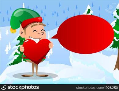 Christmas Elf hugging big red heart. Vector cartoon character illustration of Santa Claus's little worker, helper.