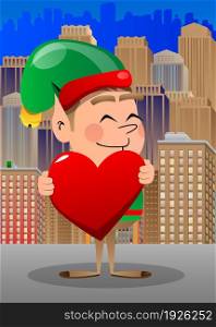 Christmas Elf hugging big red heart. Vector cartoon character illustration of Santa Claus's little worker, helper.