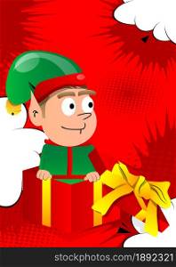 Christmas Elf in a gift box. Vector cartoon character illustration of Santa Claus's little worker, helper.