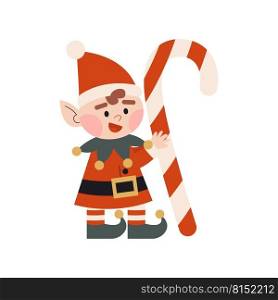 Christmas elf in red costume. Little Santa s helper with candy cane. Dwarf little fantasy helpers. Children winter character. Elf for party invitations or greeting cards. Flat vector. 
