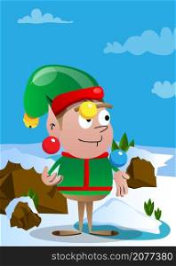Christmas Elf juggler. Vector cartoon character illustration of Santa Claus's little worker, helper.