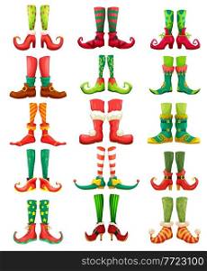 Christmas elf, leprechaun and Santa feet cartoon vector set. Legs and shoes of Xmas gnome, fairy and dwarf, fairy characters with funny colorful socks, stockings and boots, bells and bows. Christmas elf, leprechaun and Santa feet