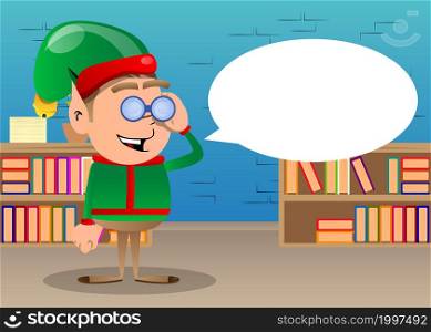 Christmas Elf looking through binoculars. Vector cartoon character illustration of Santa Claus's little worker, helper.