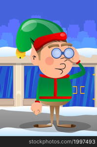 Christmas Elf looking through binoculars. Vector cartoon character illustration of Santa Claus's little worker, helper.
