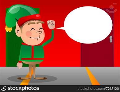 Christmas Elf making power to the people fist gesture. Vector cartoon character illustration of Santa Claus's little worker, helper.