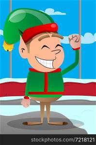 Christmas Elf making power to the people fist gesture. Vector cartoon character illustration of Santa Claus's little worker, helper.