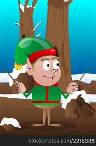 Christmas Elf orchestra conductor. Vector cartoon character illustration of Santa Claus s little worker, helper.