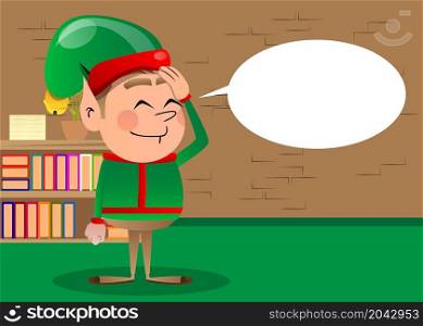 Christmas Elf placing hand on head. Vector cartoon character illustration of Santa Claus's little worker, helper.
