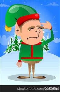Christmas Elf putting an imaginary gun to his head. Vector cartoon character illustration of Santa Claus's little worker, helper.
