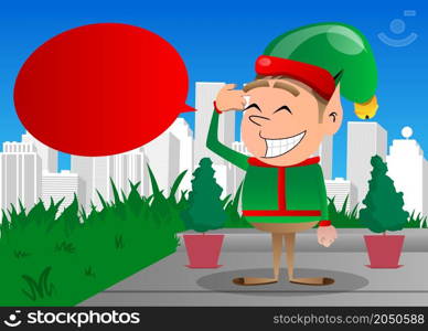 Christmas Elf putting an imaginary gun to his head. Vector cartoon character illustration of Santa Claus's little worker, helper.