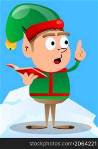 Christmas Elf reading a red book and making a point. Vector cartoon character illustration of Santa Claus's little worker, helper.