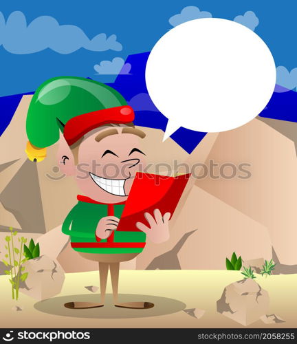 Christmas Elf reading a red book. Vector cartoon character illustration of Santa Claus's little worker, helper.