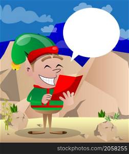 Christmas Elf reading a red book. Vector cartoon character illustration of Santa Claus's little worker, helper.